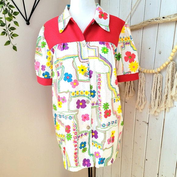 VINTAGE 70's FLORAL CANADIAN MADE BUTTON UP FLORAL SHORT SLEEVE, small - Picture 8 of 11